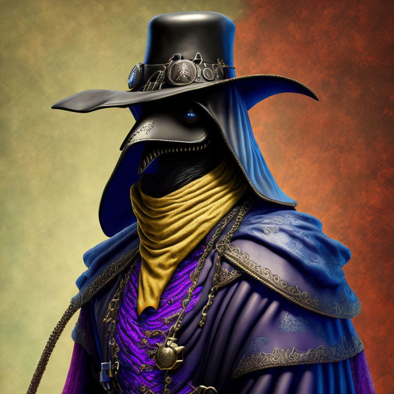Detailed Illustration of Character in Plague Doctor Mask and Blue Cloak