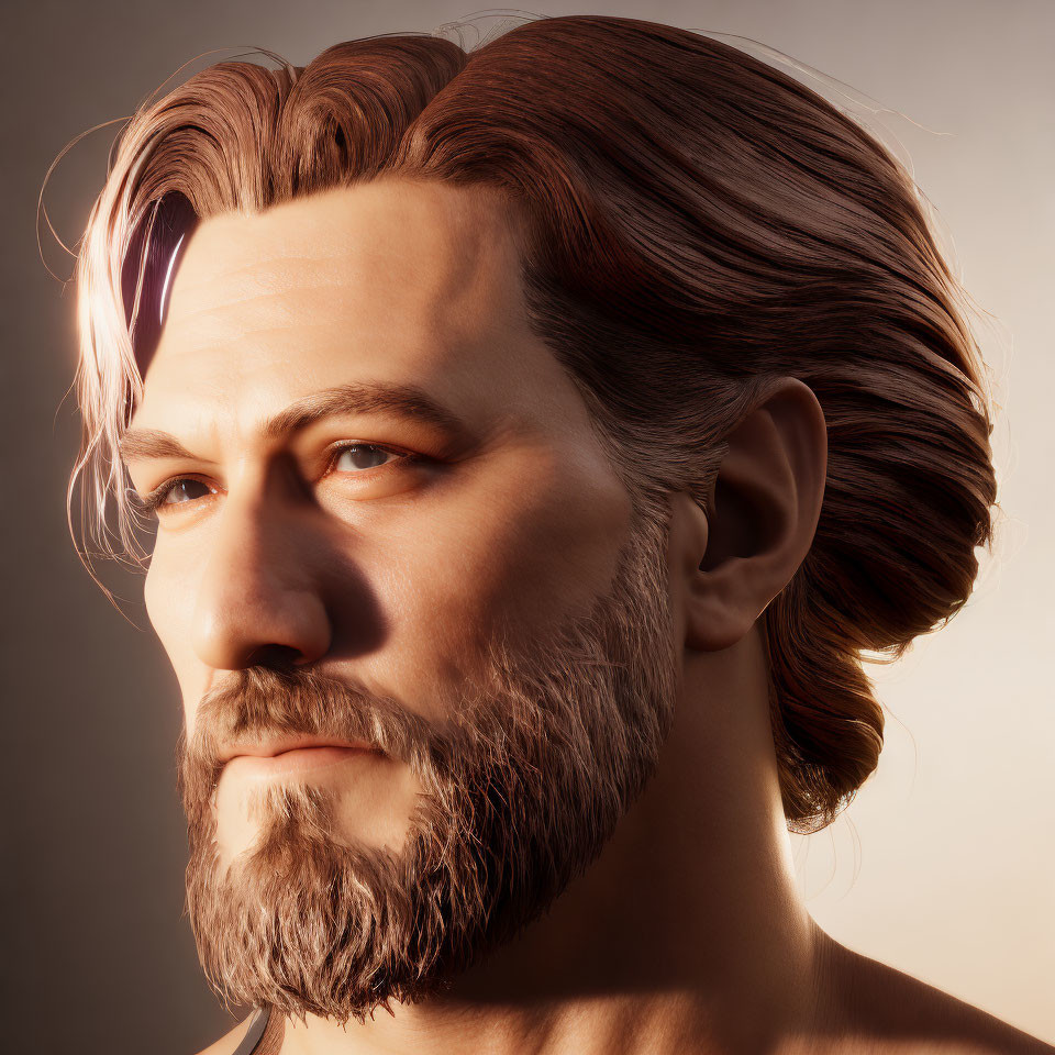 Detailed 3D Render of Man with Beard and Long Hair on Warm Background