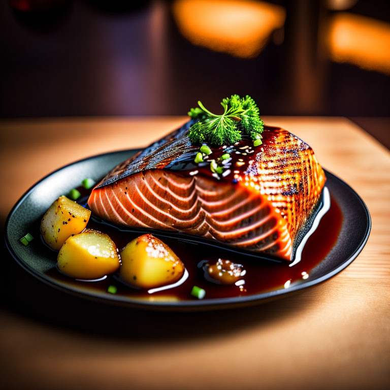 Grilled salmon fillet with crispy skin, golden potatoes, fresh dill garnish on dark plate