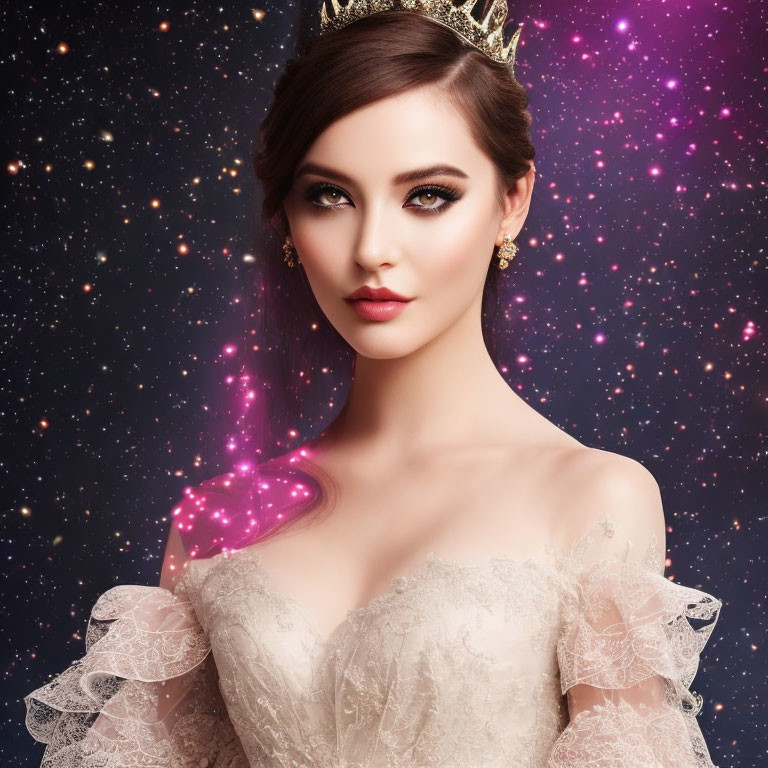 Regal woman in crown and off-the-shoulder gown under cosmic sky