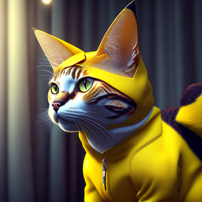 Cat with human-like eyes in yellow hooded jacket on striped background