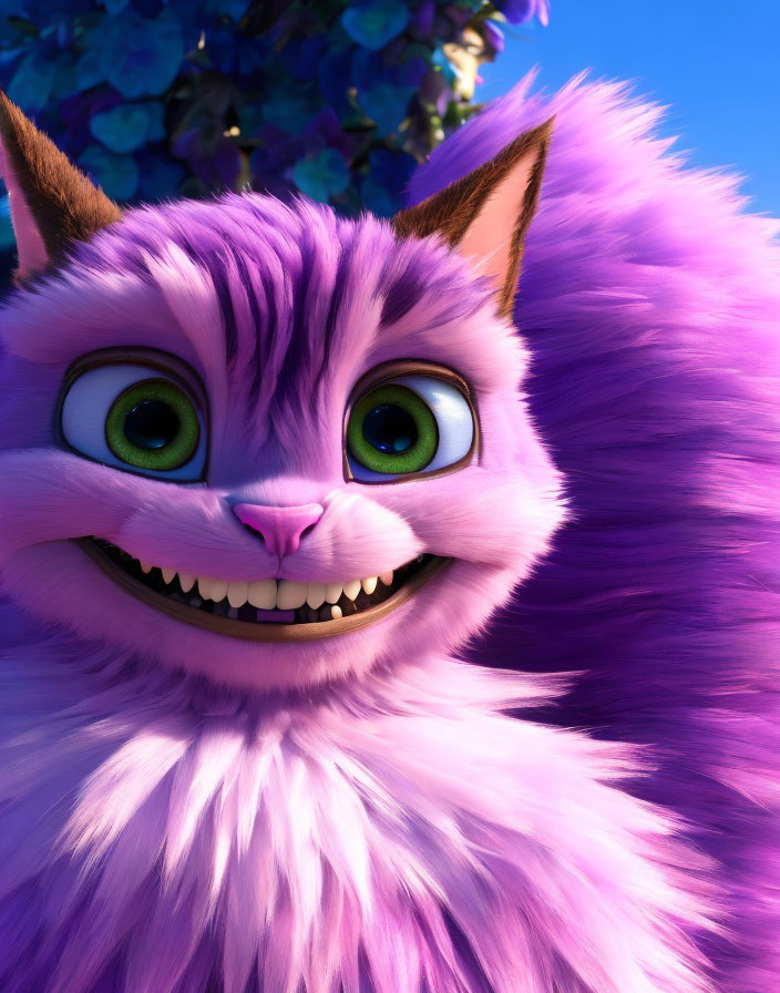 Smiling purple animated cat with green eyes on blue background