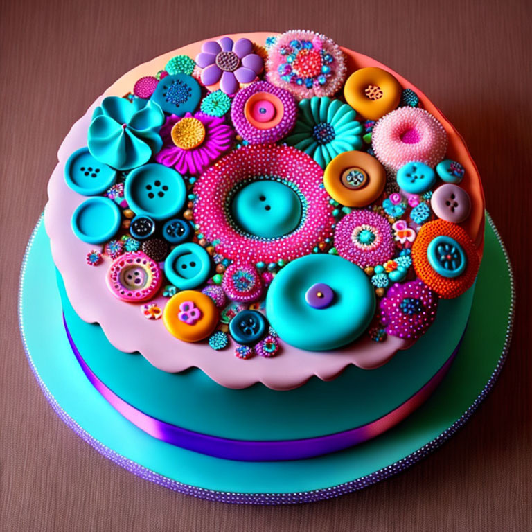 Colorful Whimsical Cake with Button, Flower, and Candy Decorations