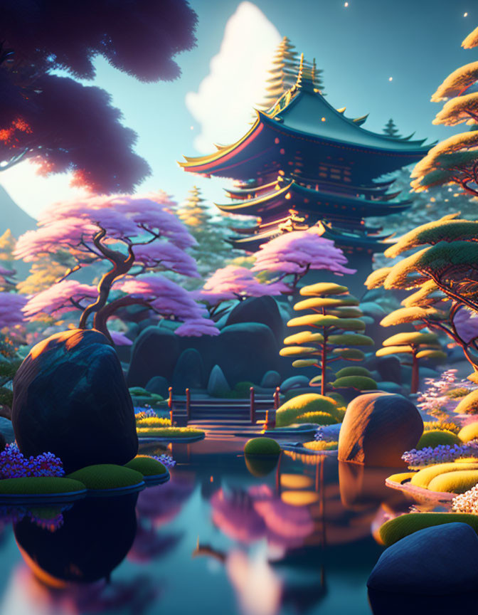 Japanese temple with blossoming trees in serene digital art