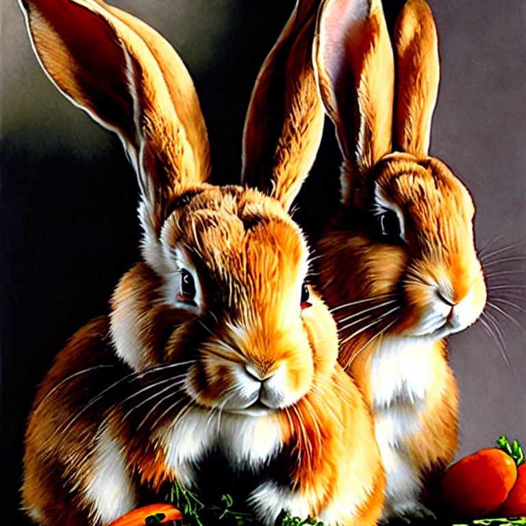 Realistic rabbits with prominent ears and brown-white fur next to orange carrots.