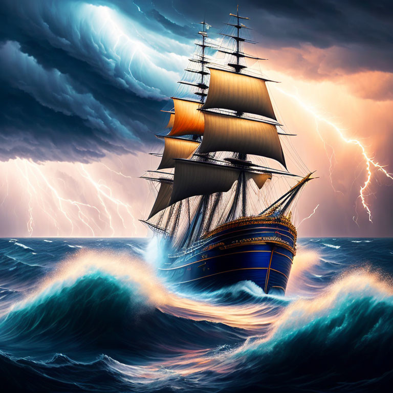 Sailing ship in stormy seas with lightning strikes