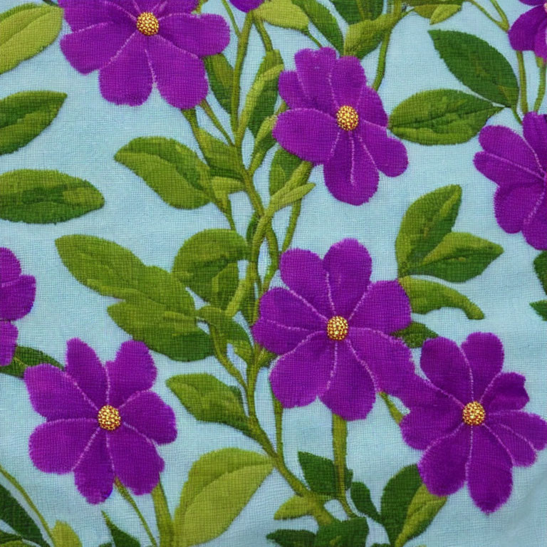 Purple Flower and Green Leaf Pattern on Light Blue Background