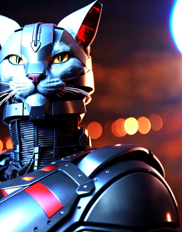 Futuristic robotic cat with metallic armor and glowing eyes