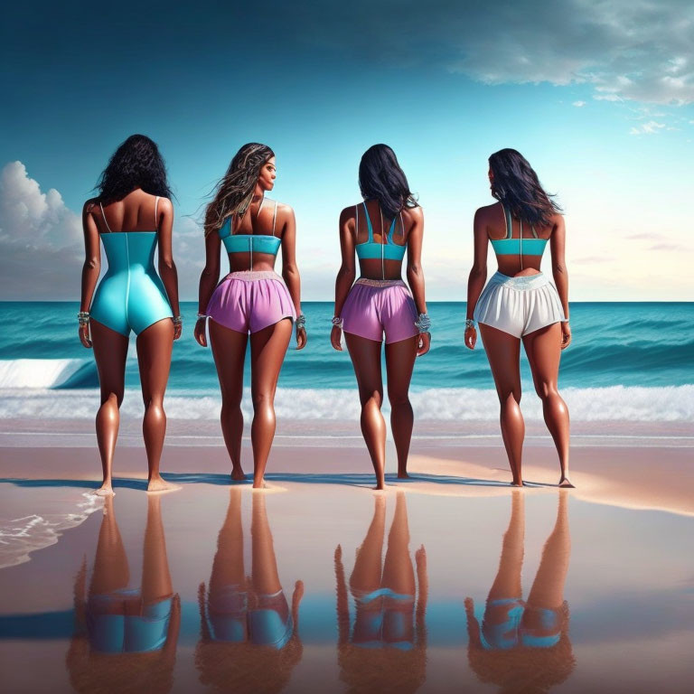 Four women in stylish swimwear on beach, facing ocean with reflections on sand