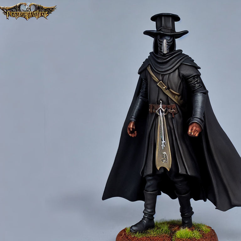 Cloaked character figurine with hat, mask, sword on grassy base
