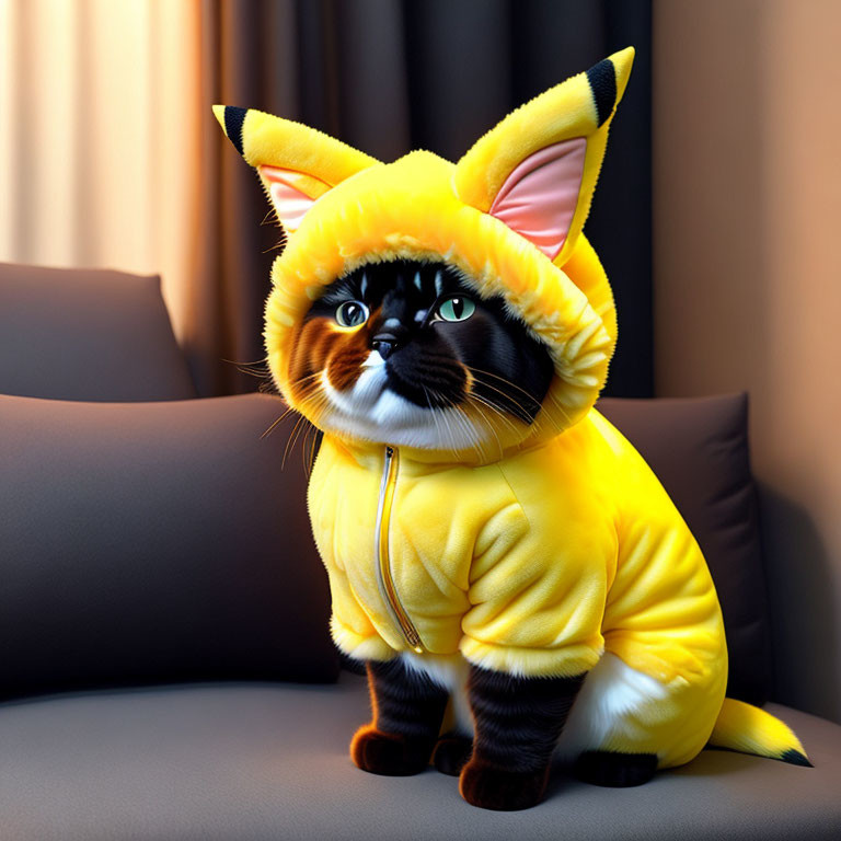 Cat in Yellow Hoodie with Distinctive Markings Sitting on Couch