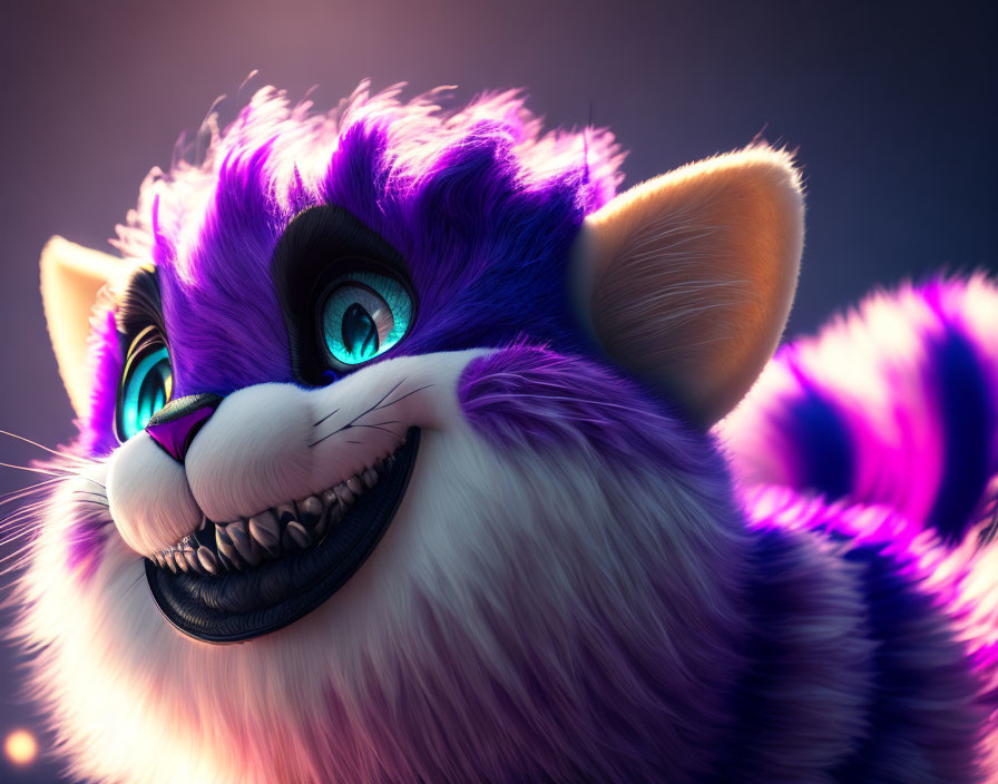 Detailed close-up of stylized purple and white furry creature with sharp teeth and glowing fur.