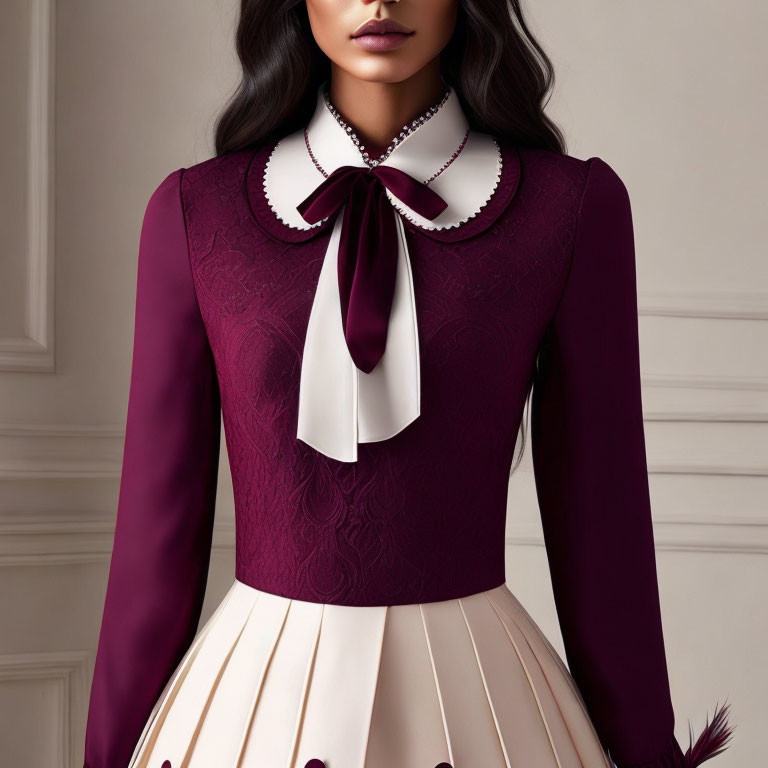 Elegant maroon and beige dress with bow tie collar and pleated skirt.