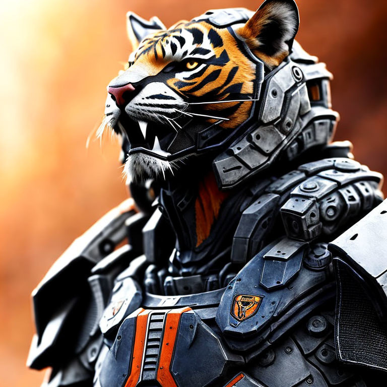 Humanoid tiger in futuristic armored suit on orange background
