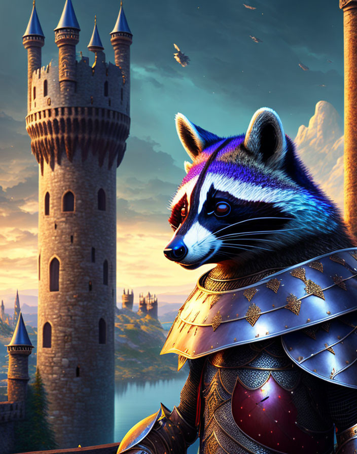 Raccoon in armor at fantasy castle during sunset