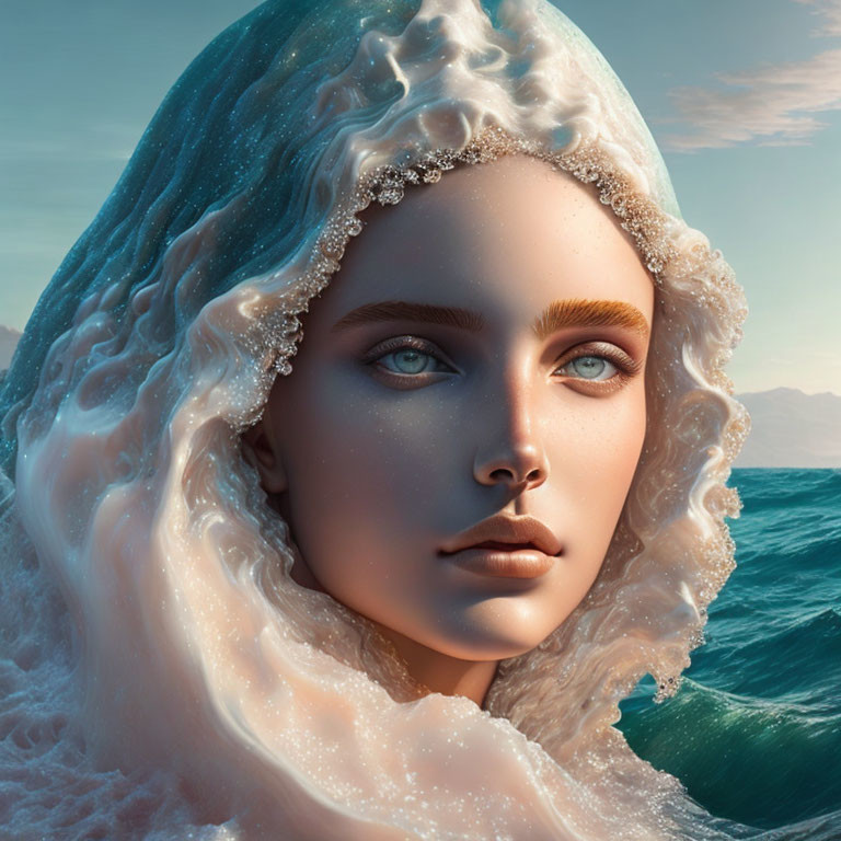 Digital artwork: Woman's face merging with crashing ocean wave