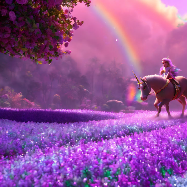 Woman riding unicorn in vibrant flower field under rainbow