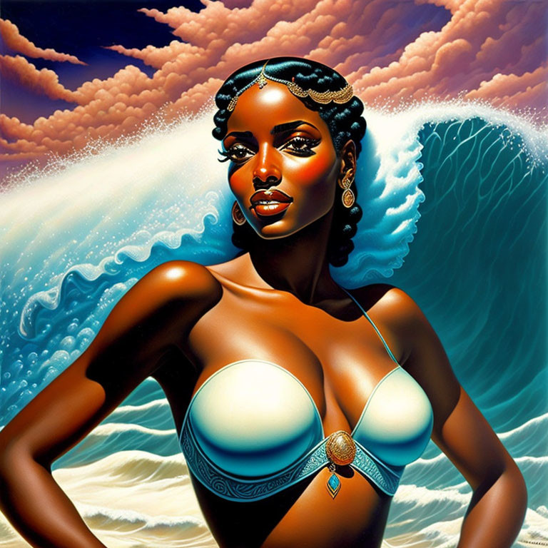 Illustration of dark-skinned woman with silver jewelry against ocean wave and cloudy sky