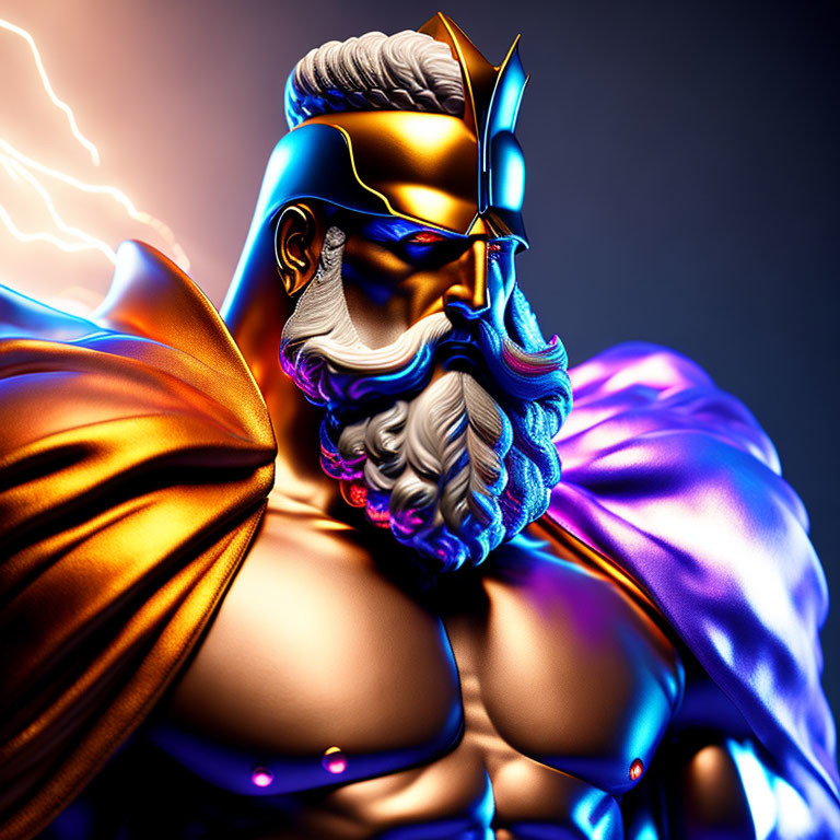 Muscular bearded figure with crown and cape in digital art
