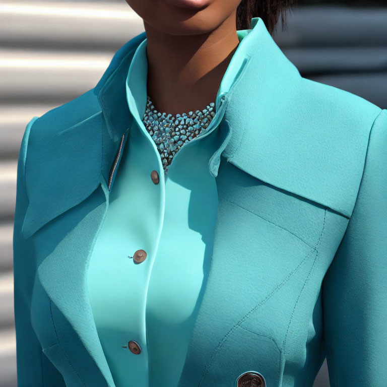 Person in Teal Jacket with Beaded Necklace and Blouse on Striped Background