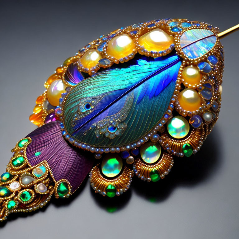 Peacock Feather Brooch with Gemstones and Pearls on Dark Background