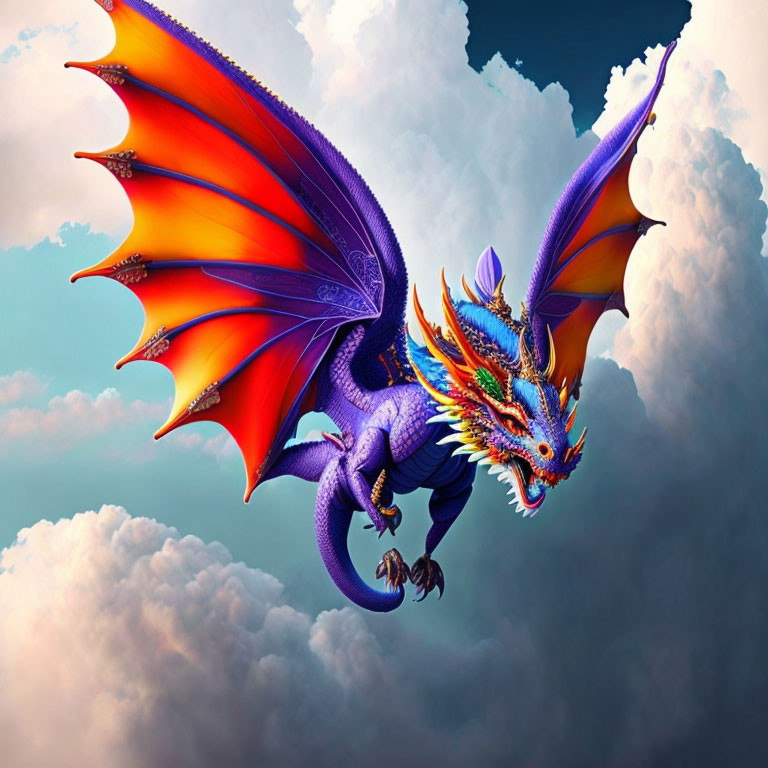 Colorful Dragon Illustration with Purple Scales and Orange Wings