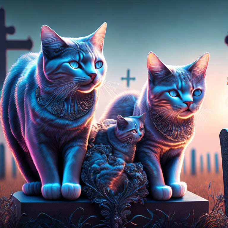 Three Neon-Colored Cats on Grave in Dusk Cemetery
