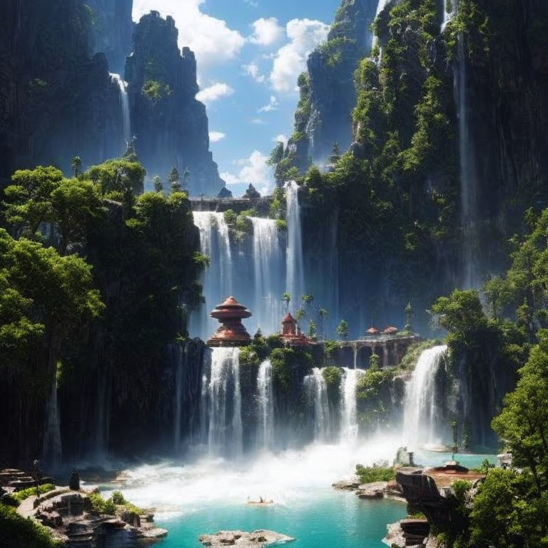 Scenic waterfalls cascade into serene blue lagoon amid lush forests and pagoda structures