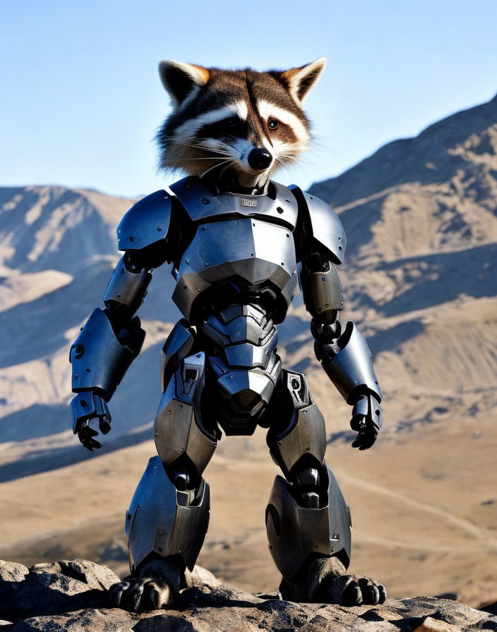 Raccoon head on bipedal robot body in rocky mountain setting