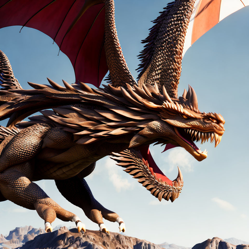 Majestic dragon flying with large wings and sharp scales above rocky terrain