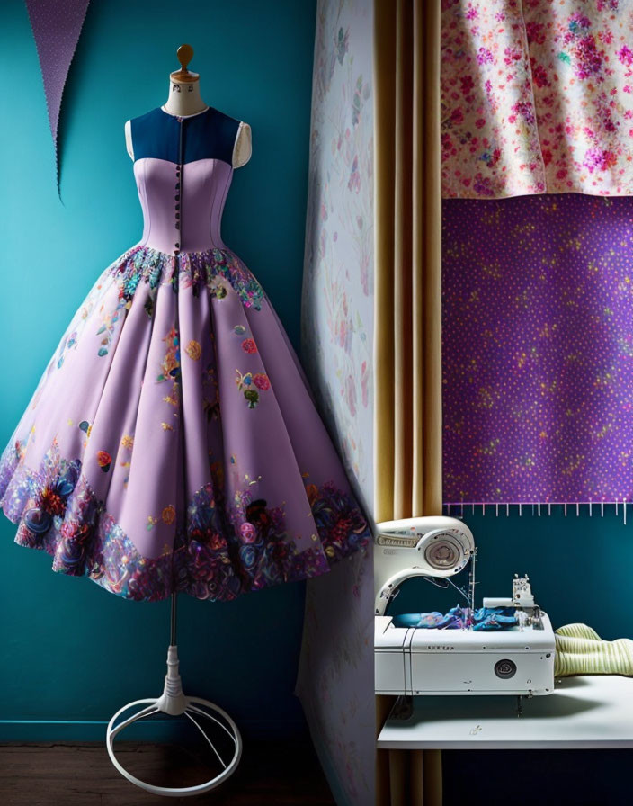 Mannequin showcasing purple floral dress in sewing room with machine and fabric