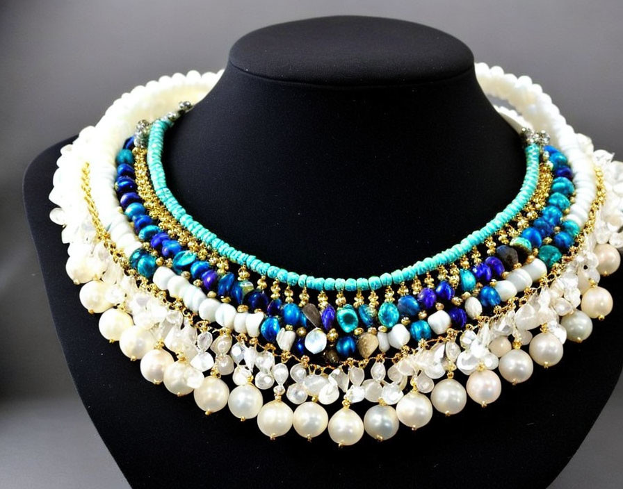 Pearl and Bead Multi-Layered Necklace with Gold Accents