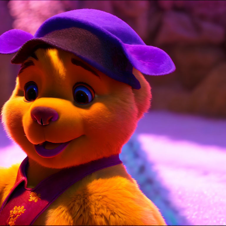 Golden-furred animated bear in purple attire smiles in vibrant pink setting