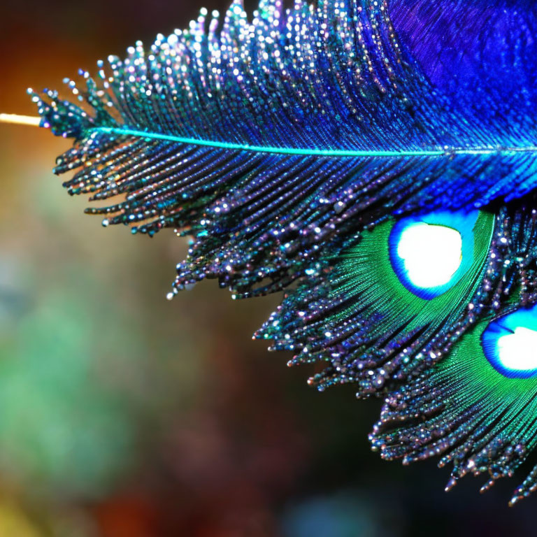 Vibrant blue and green peacock feather with water droplets creating bokeh effect