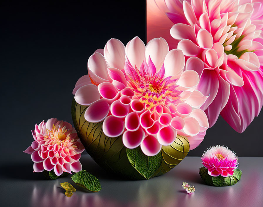 Floral spheres with leaf patterns on dark to pink gradient background