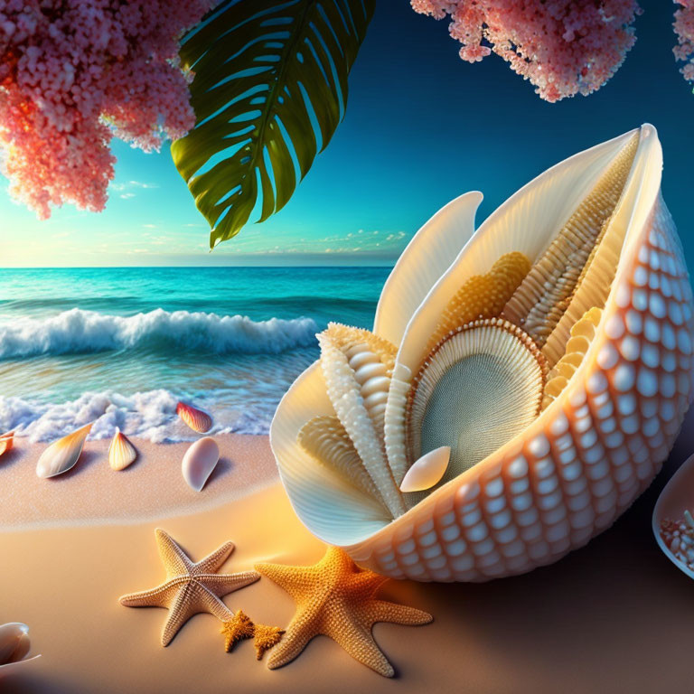 Surreal beach scene with oversized shell, starfish, pink trees, and vibrant skies