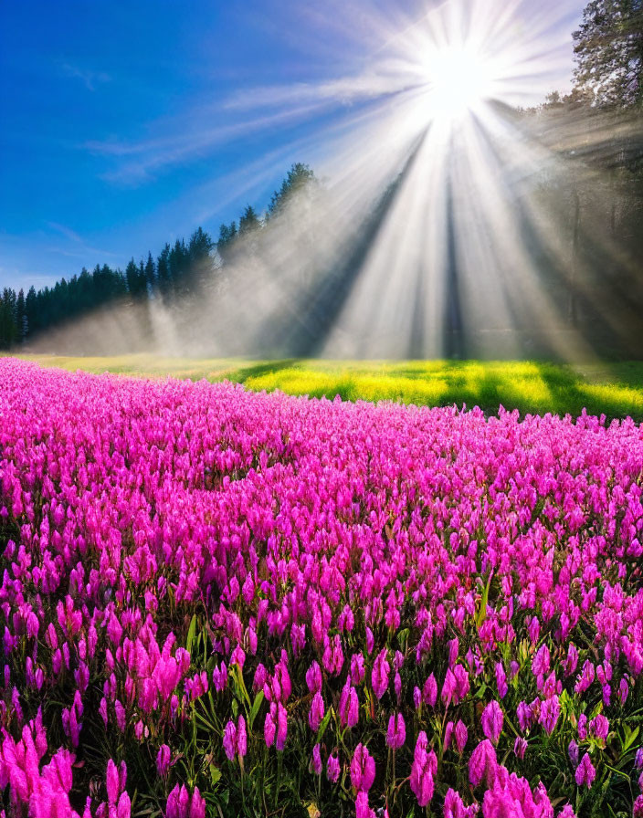 Pink flowers in sunlight with forest backdrop.