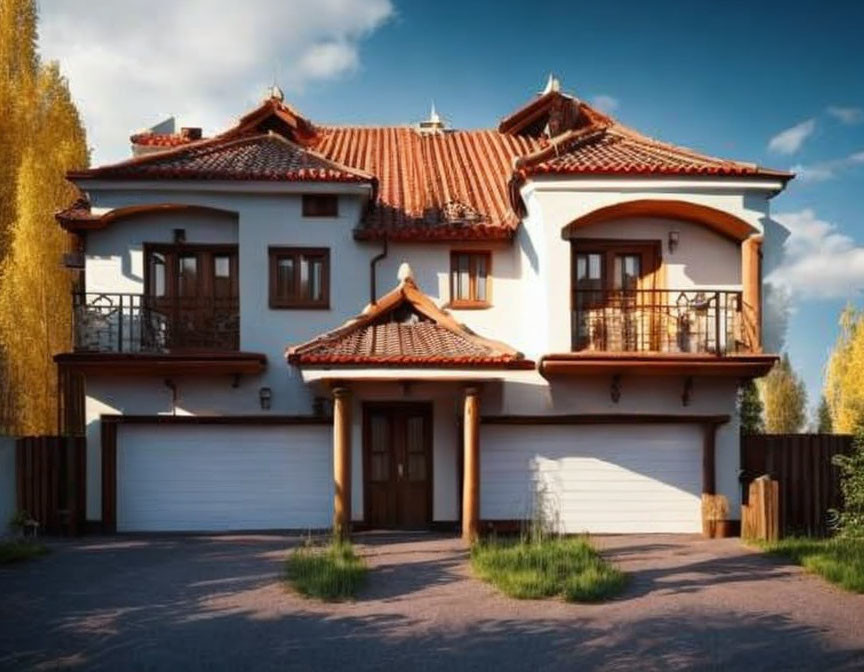 Two-story House with Tiled Roof, White Stucco Walls, Balcony, and Gar