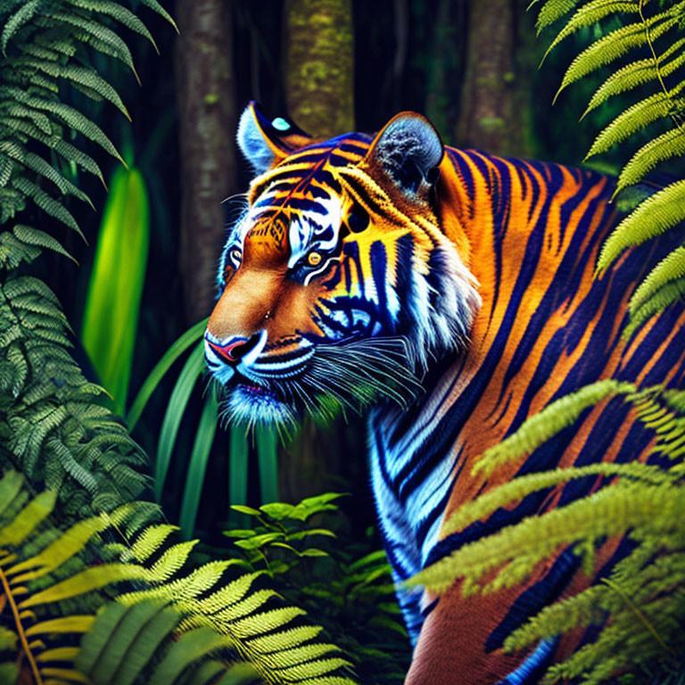 Colorful Tiger in Jungle with Green Ferns