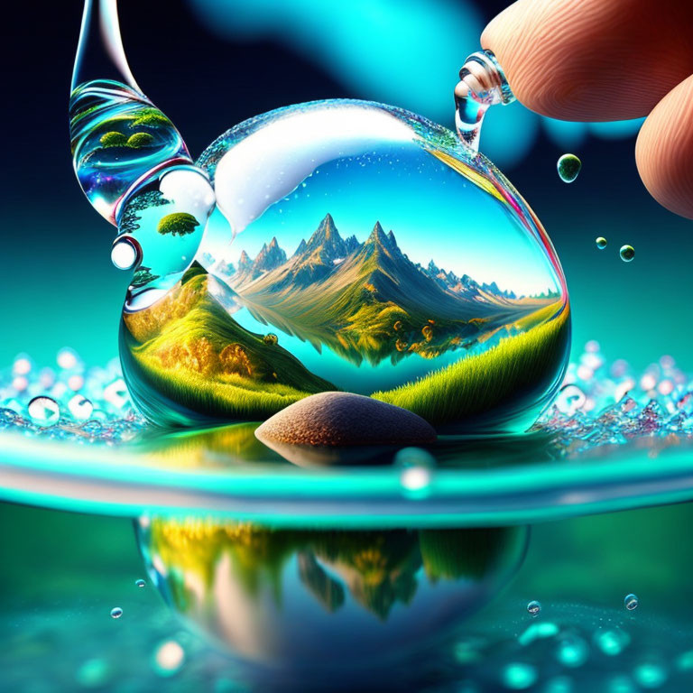 Colorful surreal image: hand with dropper over crystal hourglass with miniature mountain landscape.