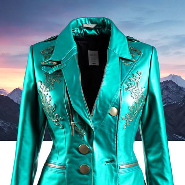 Turquoise Leather Jacket with Silver Embroidery Against Mountain Sunset