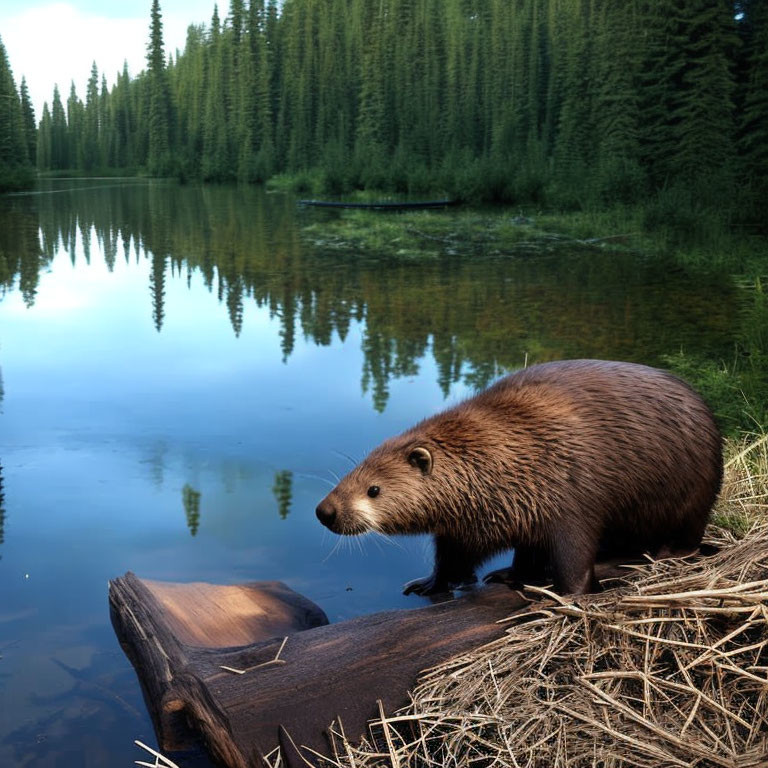 Beaver on Log by Tranquil Forest Lake