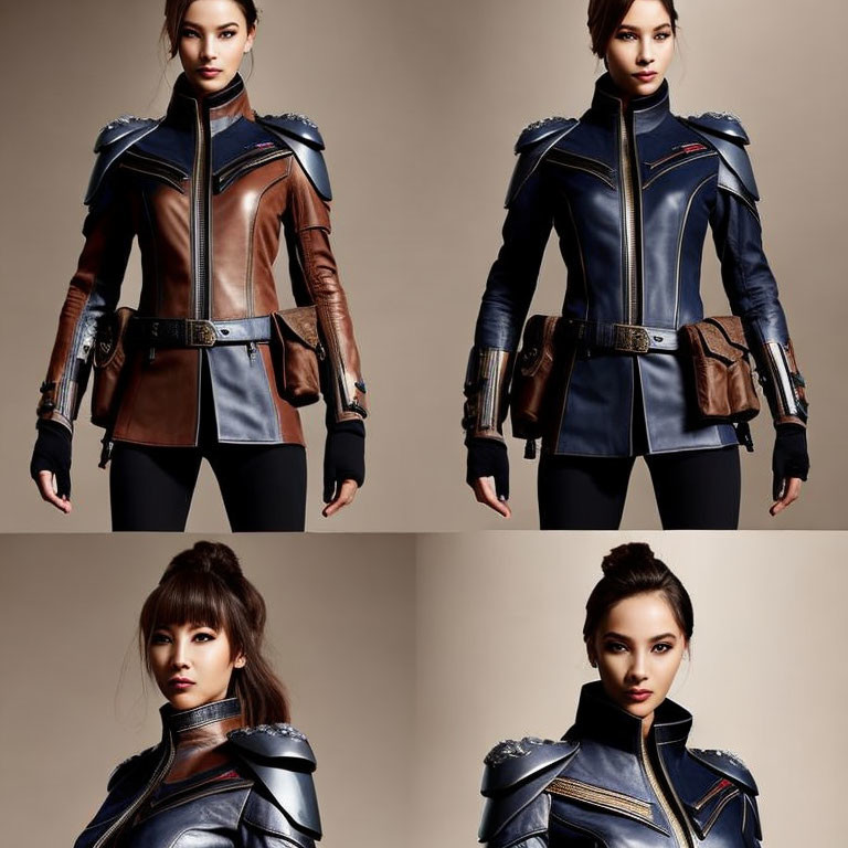 Stylish woman in futuristic navy and brown leather jacket poses with shoulder armor and belt.