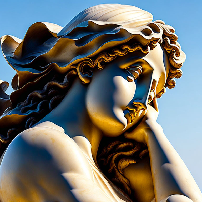 Classical statue face with intricate curls and contemplative expression against blue sky