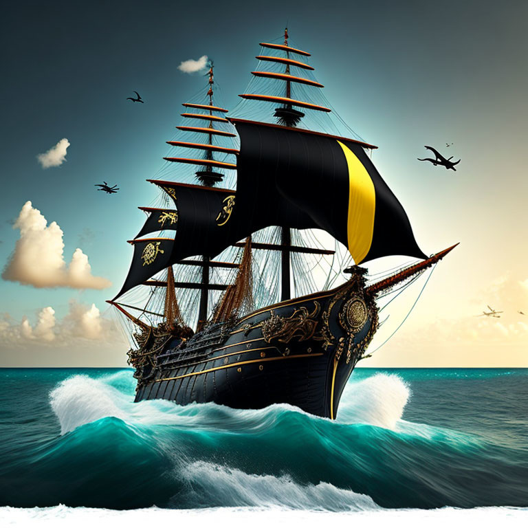 Majestic pirate ship with black sails on turquoise seas under cloudy sky