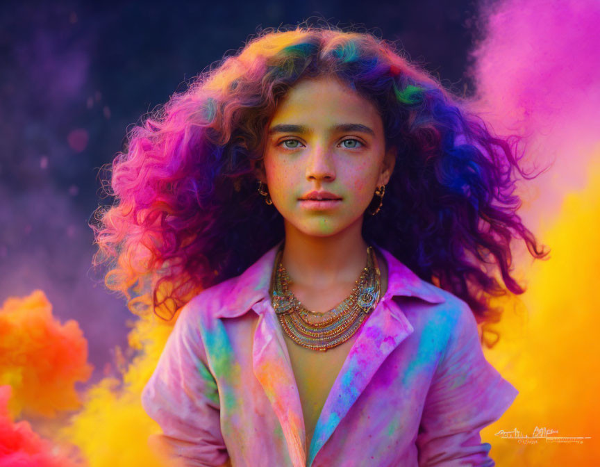 Curly-Haired Youth in Colorful Smoke, Wearing Light Shirt and Necklace