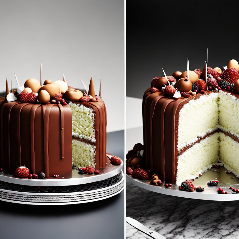 Decadent chocolate-covered cake with berries and chocolate balls, sliced to show sponge layers