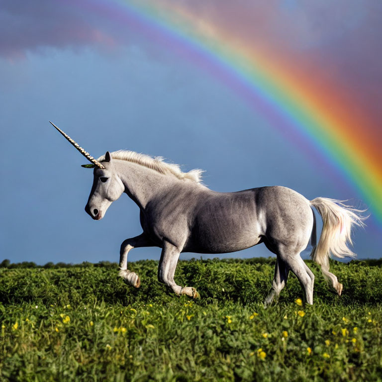 Majestic unicorn in green field under rainbow