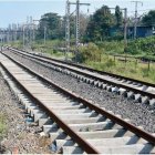 Curving Twin Railway Tracks in Wooded Landscape