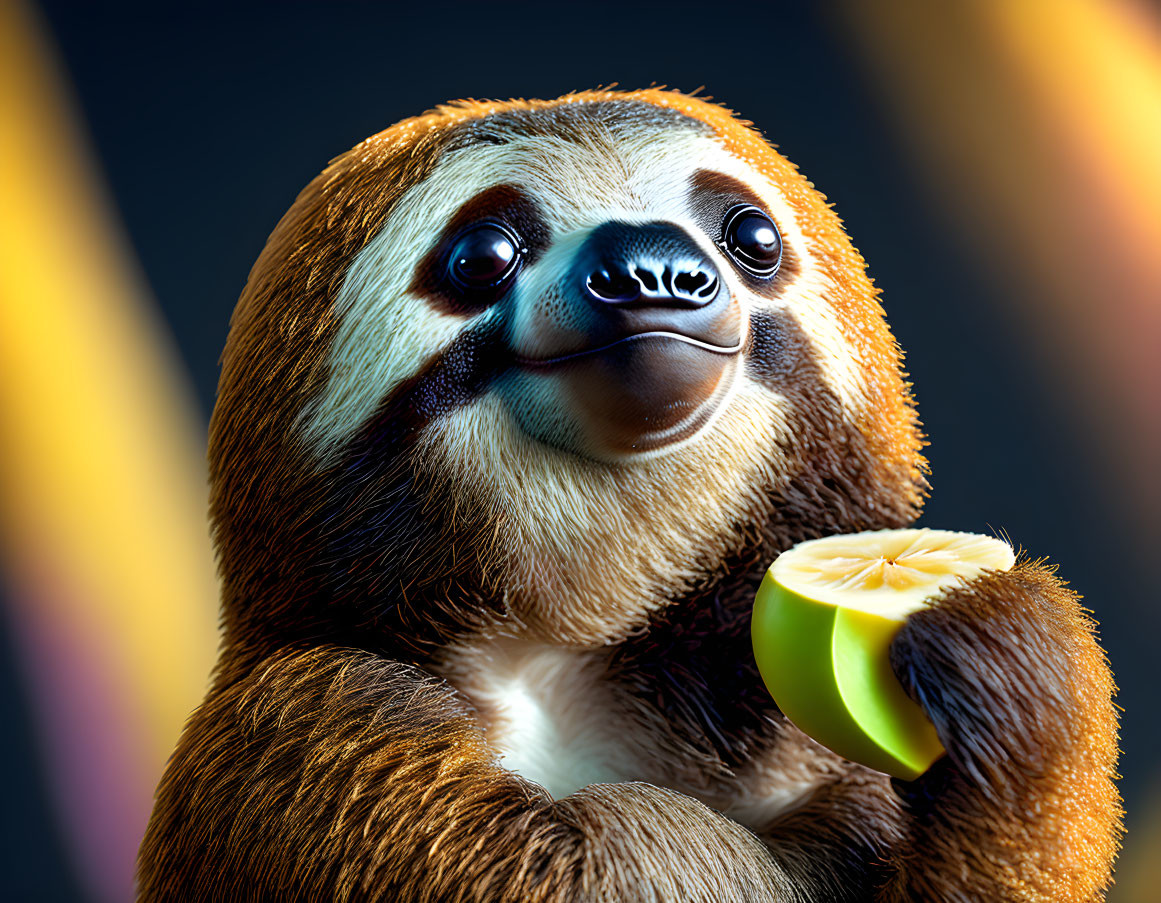 Smiling sloth with lemon slice on colorful background